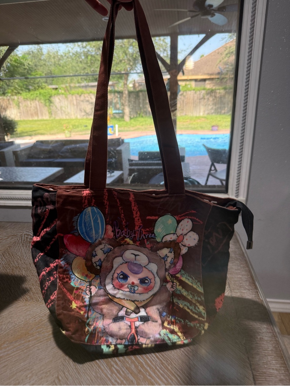 Large Baby Three mommy fabric canvas tote zipper bag.